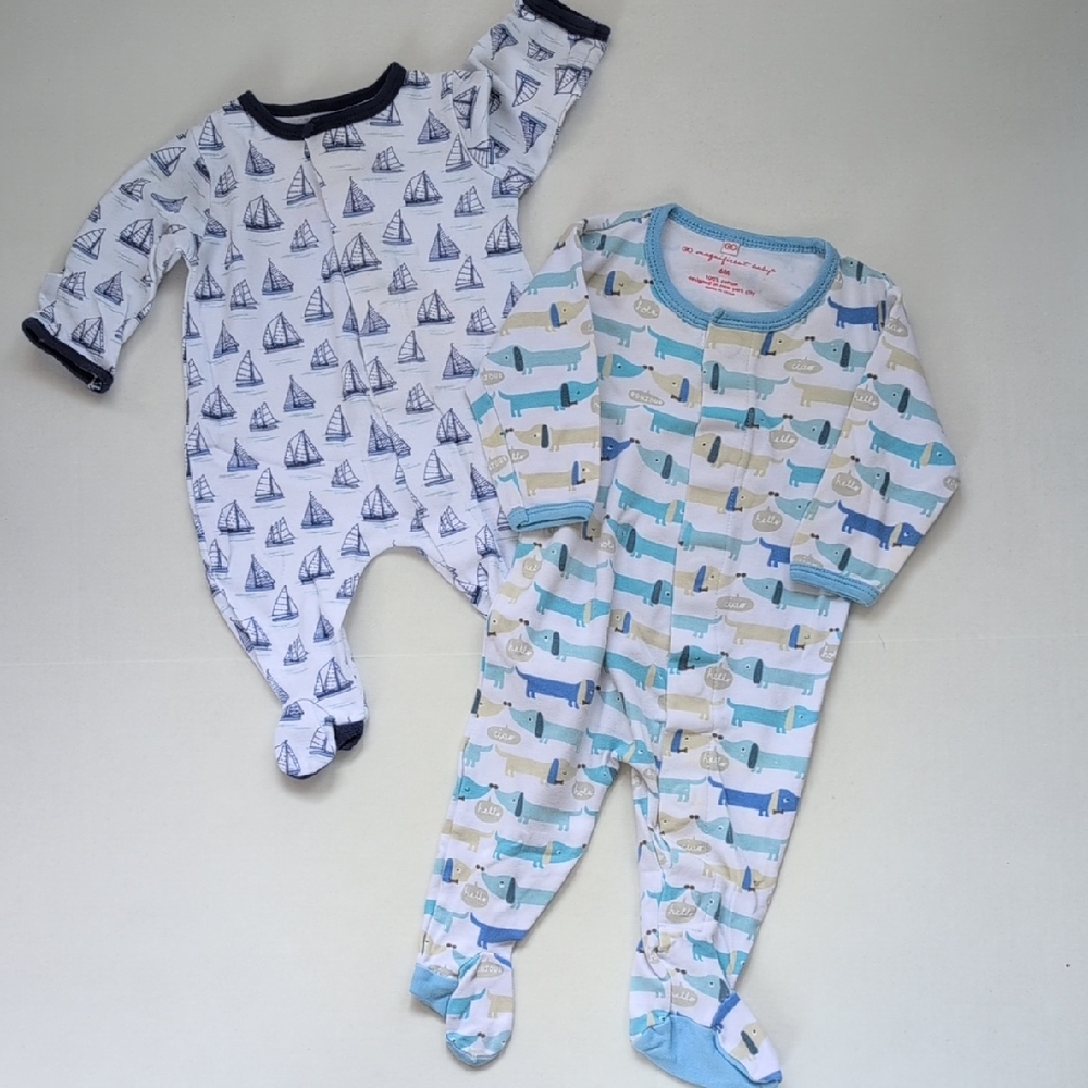 Magnetic Me Blue & Navy Sailboat and Dachshund Footed One-Pieces, Set of 2